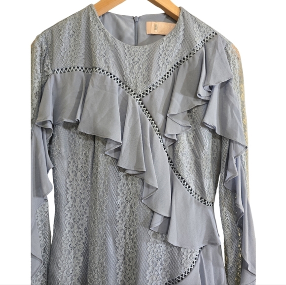 keepsake Better Days Lace Ruffle Dress in Dusty Blue Large Long Sleeve Mini - Picture 7 of 11